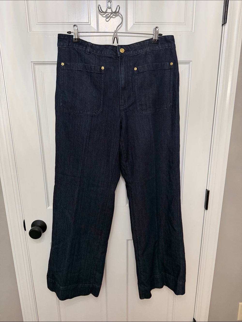 Michael Kors Wide-Leg Dark Indigo Jeans with Gold-Tone Accents